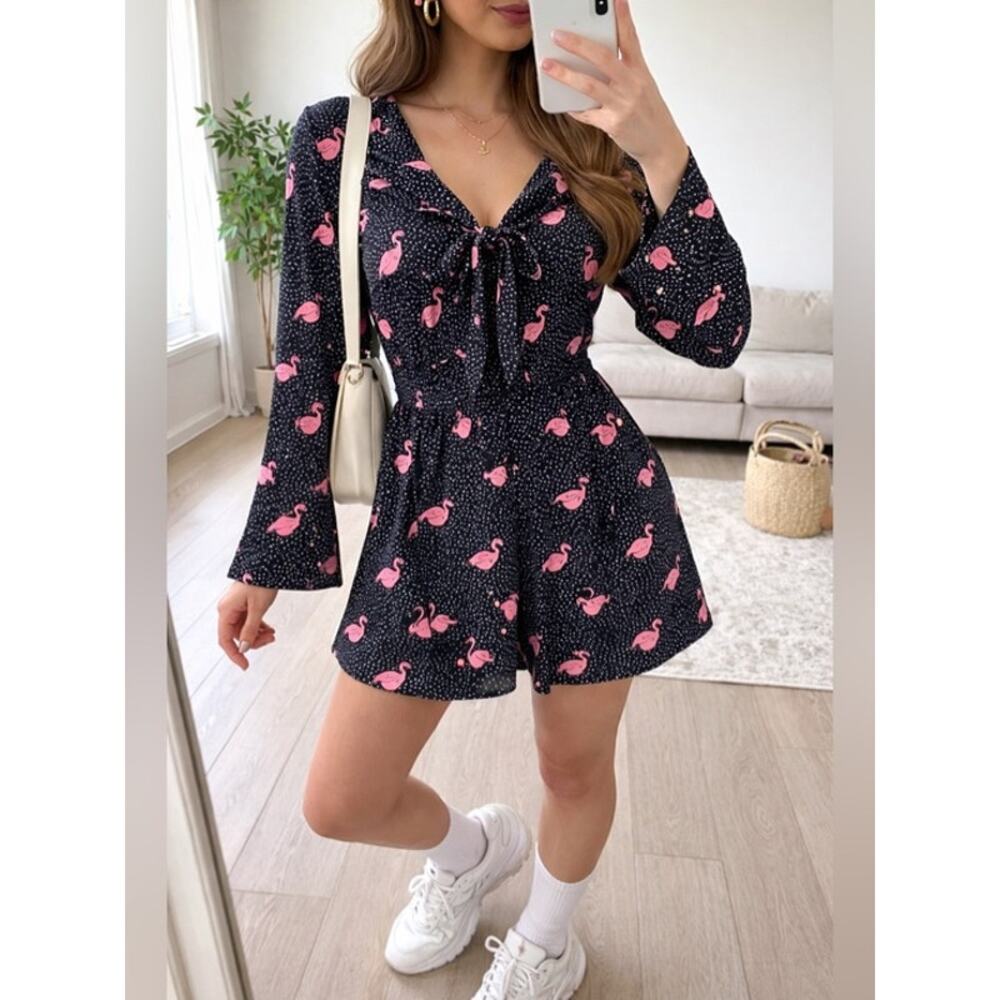 Zara Flamingo Romper Black Pink Polka Dot Mini V-Neck Flowy XS